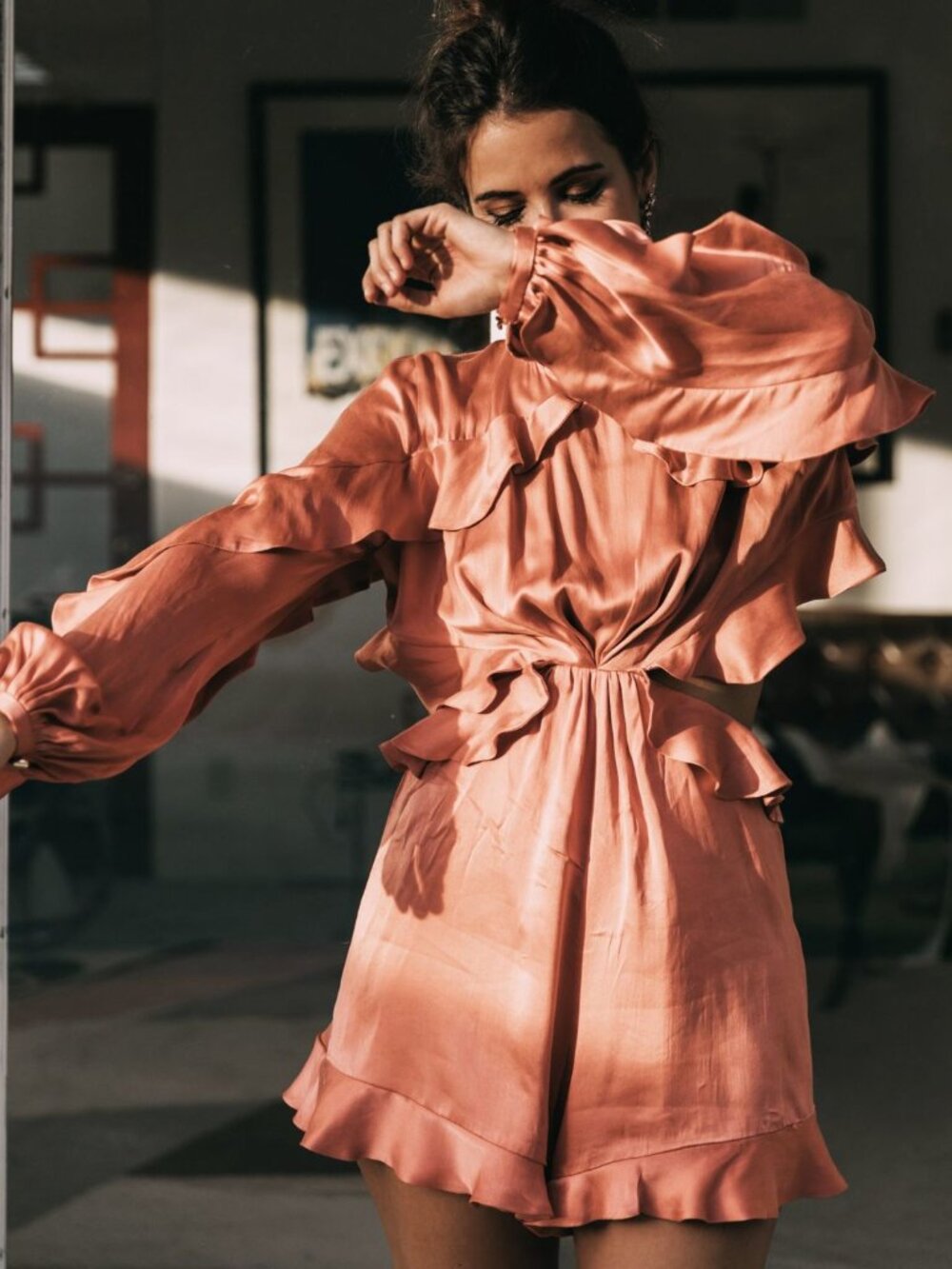 Zimmermann Winsome Flutter Guava Silk Ruffle Cutout Playsuit